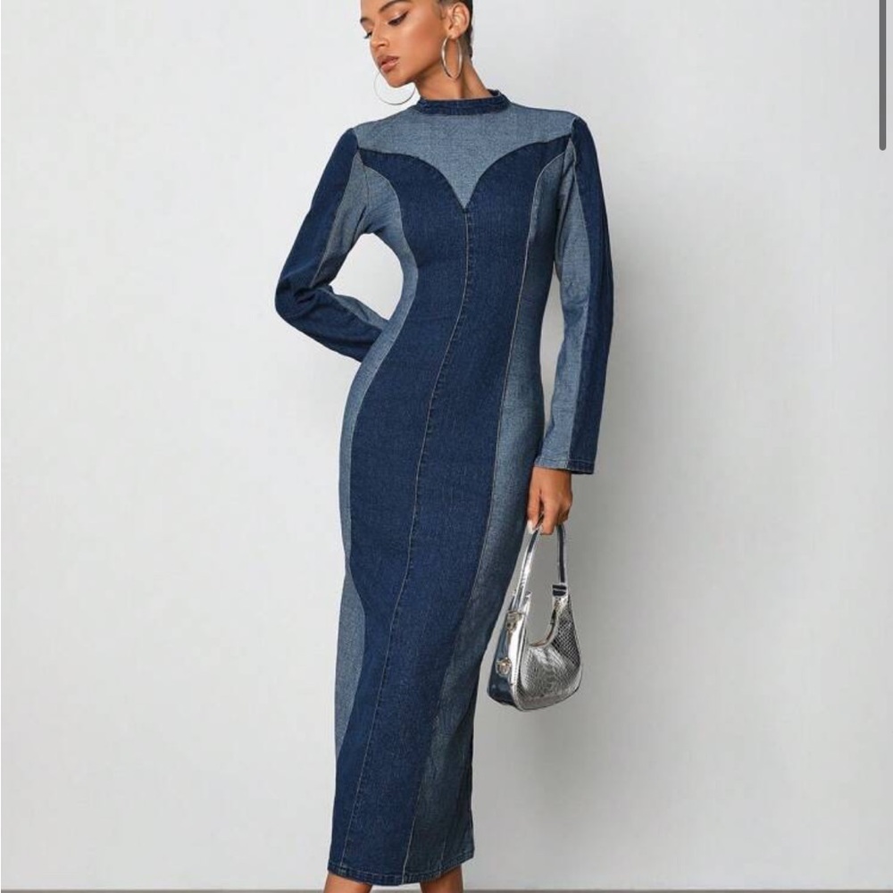 NWT✨Elegant Denim Maxi Dress Two Tone Stretch Fabric Sexy Slit Zip Up Blue Long